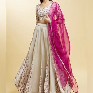 Grey Organza, Silk Tassels Sweetheart Lotus Gardenia Print Lehenga Blouse Set